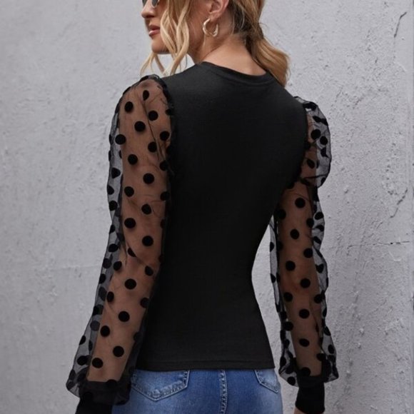Sheer long sleeve polka dot blouse - BLACK - Picture 5 of 5
